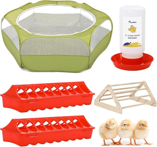 Pawaboo 5-in-1 Chicken Brooder Box for Chick Starter Kit, Includes Pet Cage Tent, Chicks Perch, Chick Feeder, 1.1L Chick Waterer, Baby Chick Supplies (Brooder Set), Green + Red + Wood Color