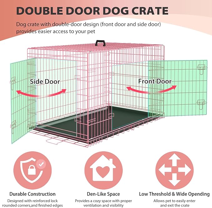 BestPet | Dog Crate | 24" | Pink | Foldable Metal Kennel with Double Doors, Secure Slide-Bolt Latches, Leakproof Tray | Portable Dog Cage for Small Breeds | for Travel, Indoor & Outdoor Use