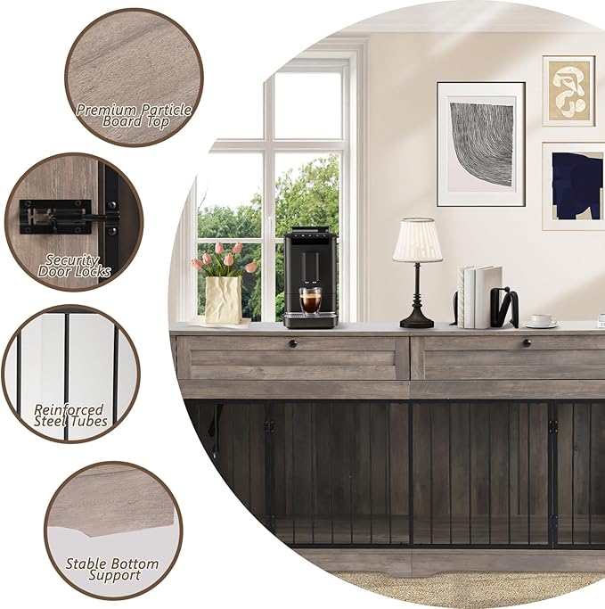 Large Dog Crate Furniture-Decorative Heavy Duty Dog Cage Indoor, Wooden Dog Cage End Table with Charging Station, Dog House with 2 Drawers (Gray, 70.86''L)