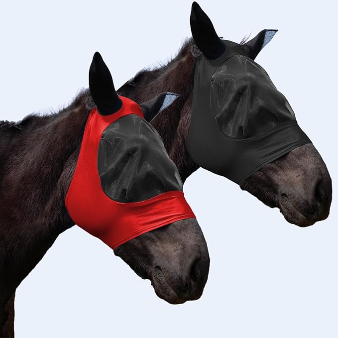 2 Piece Horse Fly Mask with Ears, Comfortable Fit Stretch Fabric Big Eye Space Soft Breathable with UV Protection for Full Horses (Red-Black)