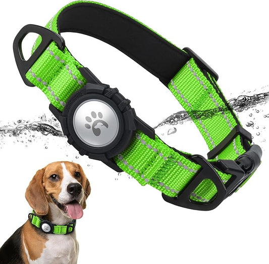 TagME Airtag Dog Collar,Waterproof Reflective Pet Collar with Airtag Holder,Soft Padded and Double D-Rings for Medium Dogs,Green