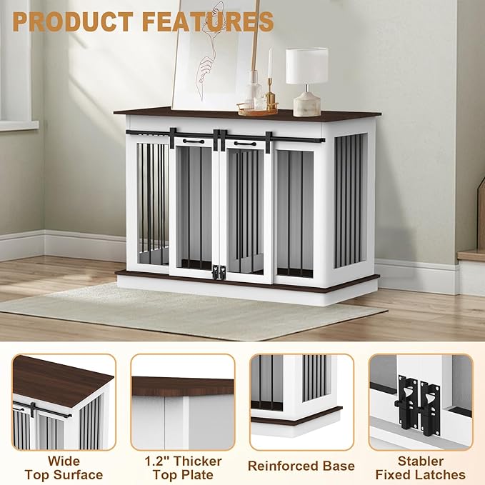 RQZ Double Dog Crate Furniture for 2 Dogs Heavy Duty Wood Dog Cage Table with 2 Sliding Doors and Removable Divider Dog Kennel Indoor for Medium Large Dogs (47" L x 24" W x 35" H)