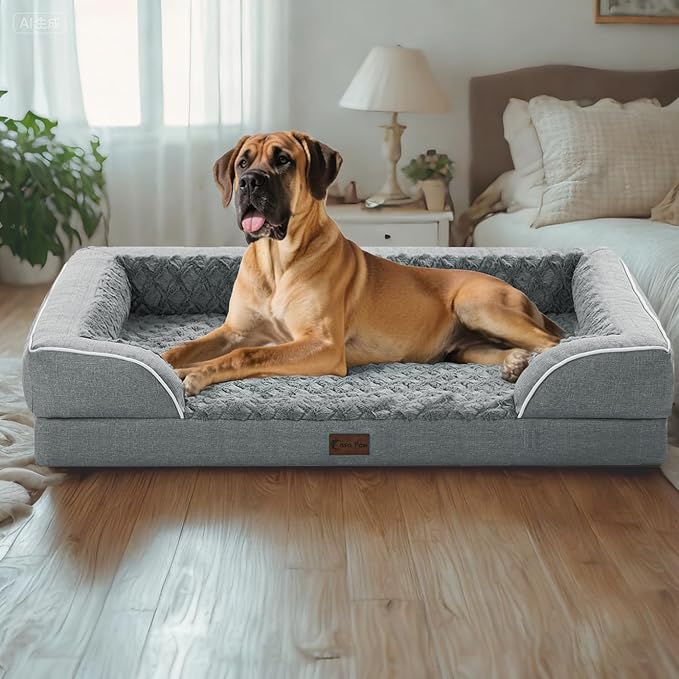 Orthopedic Waterproof Dog Bed for Extra Large Dogs, Memory Foam XL Dog Bed with Sides, Egg-Crate Foam and Non-Slip Bottom Jumbo Dogs Couch Beds with Washable Removable Cover(Jumbo,Grey)