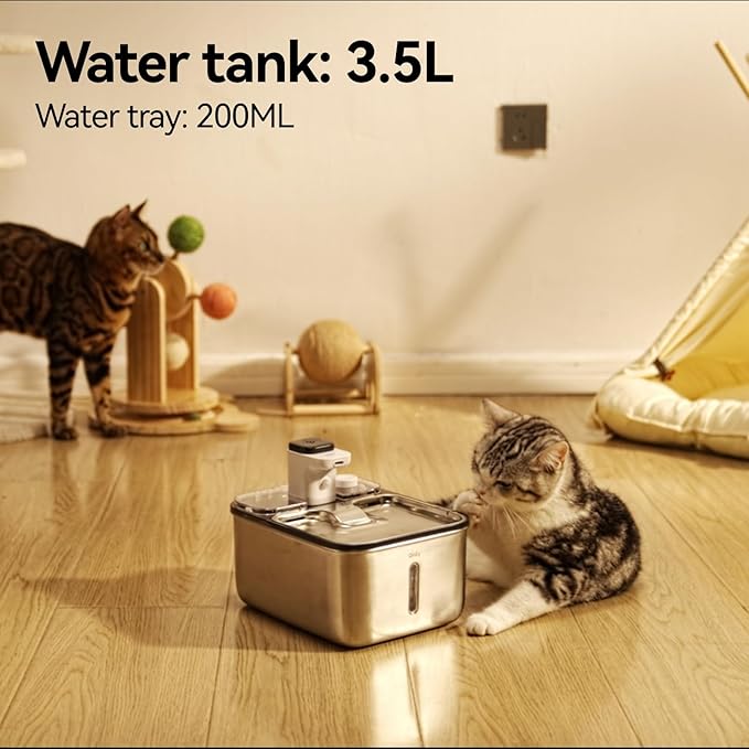 Stainless Steel Cat Water Fountain Wireless for Cats Indoor, Automatic Metal Dog Water Dispenser,Cordless Battery Operated Pet Drinking Fountain,Rechargeable Waterer with Motion Sensor 123oz, Gray