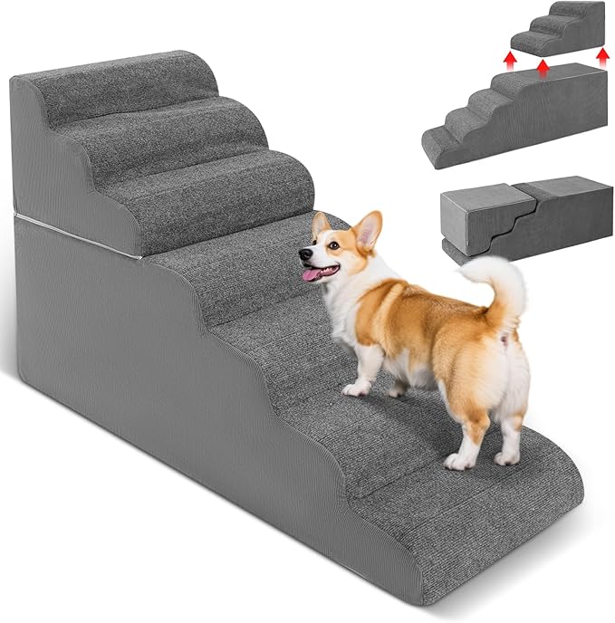 6-Step Dog Stairs for High Bed - 25.5" Adjustable Dog Ramps for Couch, Non-Slip Sturdy Pet Steps for Small Dogs, Washable Cover, Removable Modular Design, Dual 11” & 14.5” Steps for Custom Height