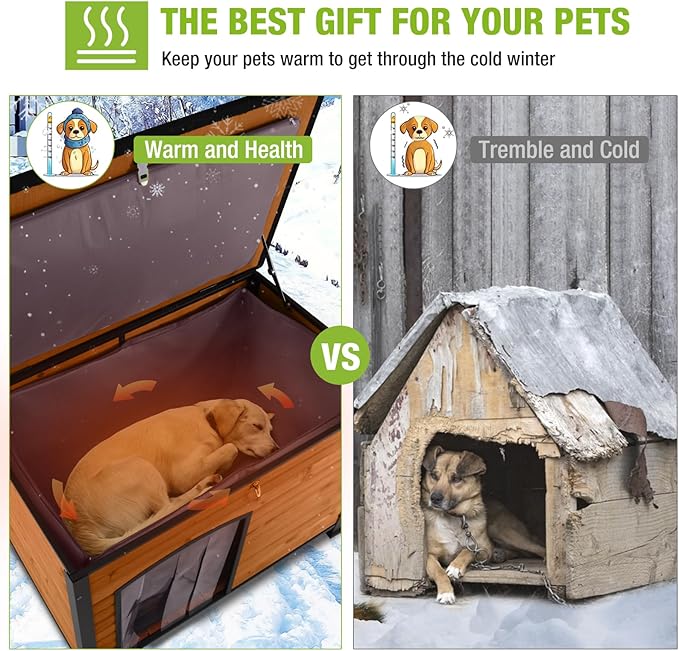 GUTINNEEN Large Insulated Dog House for Winter Outdoor Dog Kennel with Anti-Chewing Metal Frame for Medium to Large Dogs, Brown Color