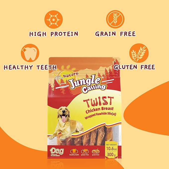 Jungle Calling Dog Treats, Natural Chicken Wrapped Rawhide Sticks, Grain-Free Training Rewards Chews for Small and Medium Puppy,10.6oz