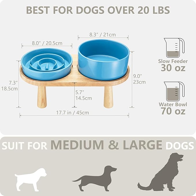 Ceramic Slow Feeder and Water Bowl Set for Medium and Large Dogs, Ceramic Dog Bowls Elevated with Wooden Stand, 2.0 Cups Dog Slow Feeder(30oz) and 70oz Water Bowl Set, Blue