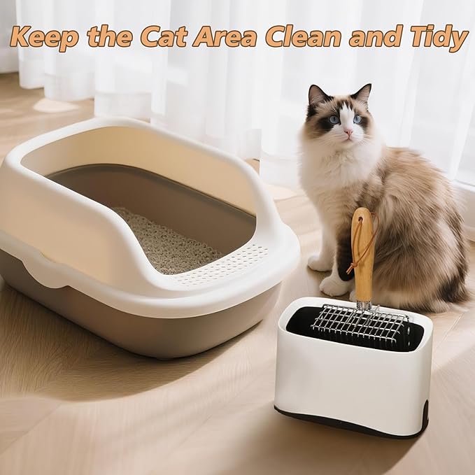 Metal Cat Litter Scoop with Holder, Poop Scooper with Stand&2 Rolls of Garbage Bag, Heavy Duty Stainless Steel Shovel with Wooden, Kitty Quick Sifter for Easy Cleaning, Essential Item for Cat