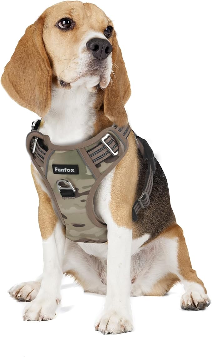 Funfox Dog Harness No Pull, Adjustable Pet Vest Harness, Super Soft Material with Vertical Handle Easy Control, Reflective Night Walking, 2 Leash Clips for Medium Sized Dogs, Camo Brown, M
