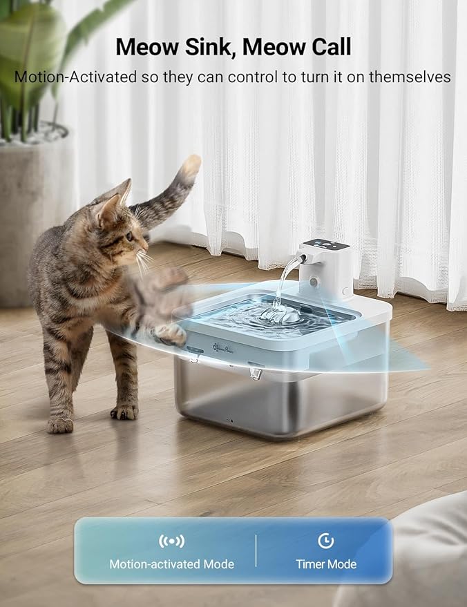DownyPaws Battery Operated Cat Water Fountain Stainless Steel, 84oz/2.5L Fursink Wireless Pet Water Fountain for Cats Inside, Automatic Dog Water Dispenser with Faucet, Quiet Pump, BPA-Free, White
