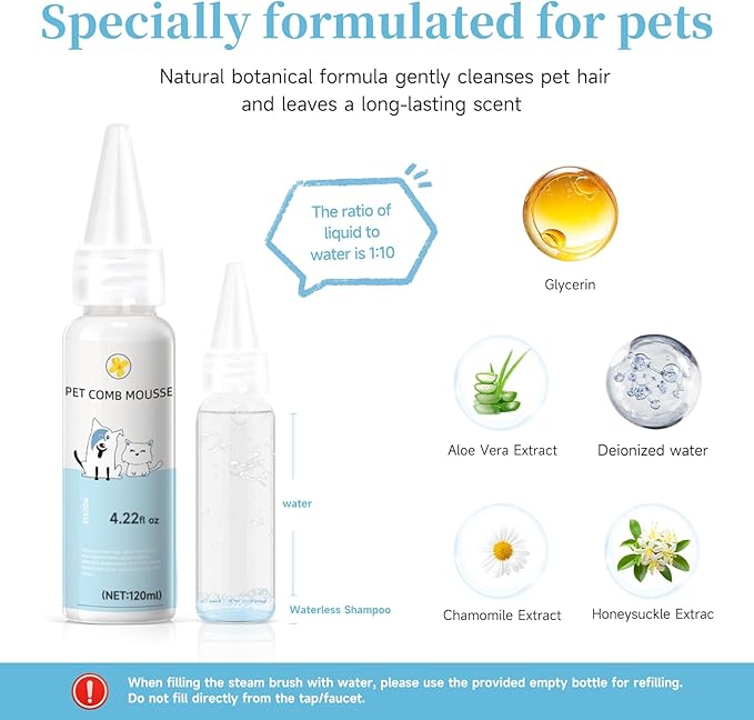 Pet Steam Brush for Dog & Cat – 3-in-1 Spray Hair Removal Comb – Steam for Shedding & Grooming – Water Brush for Long & Short Haired Pets – Spritz Defur Comb – Includes 2*Waterless Shampoo