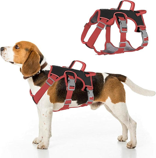 Escape Proof Dog Harness, No Pull Reflective Adjustable Vest with Easy Control Lift Handle, No Choke Soft Padded Breathable Full Body Pet Harness for Walking Hiking and Training (Red, Small)