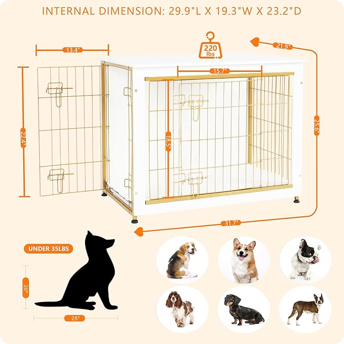 DWANTON Dog Crate Furniture with Cushion, Wooden Kennel Table with Double Doors, Indoor Dog House, Medium Size, 32.5" L, White