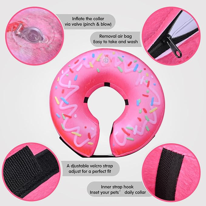 Katoggy Inflatable Dog Cone Collar for Dogs After Surgery, Soft Adjustable Blow up Donut Dog E-Collar for Small Medium Large Dog and Cats,Pink Donut