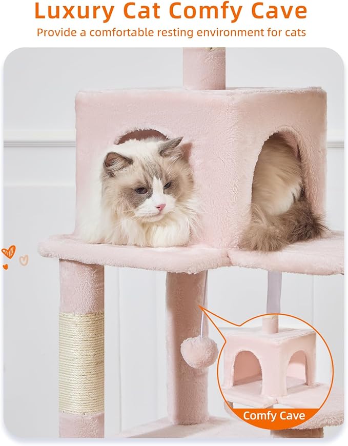 Taoqimiao Cat Tree, 68-Inch Cat Tree Cat Tower for Indoor Cats, Plush Multi-Level Cat Condo with 6 Scratching Posts, 2 Perches, 2 Caves,Hammock, 3 Pompoms,MS020SP Jelly Pink