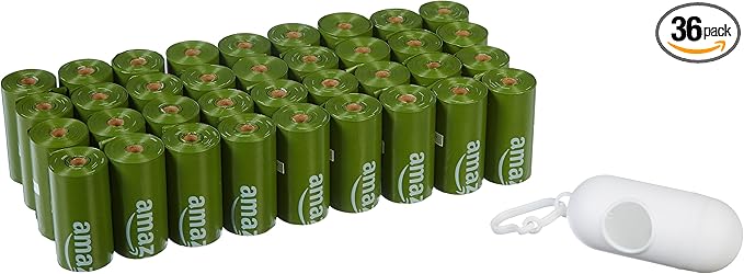Amazon Basics Dog Poop Bags with Dispenser, 540 Count, Enhanced for Guaranteed Leakproof, Unscented, Includes Leash Clip