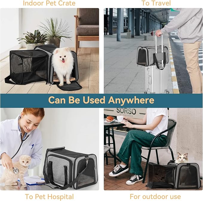 Petsfit Expandable Pet Carrier for Cat Or Puppy Up to 18 Pounds, Square Extension Add More Space, Washable Soft Pet Carrier for Home Outdoor Travel, 19"X12" X12" Gray