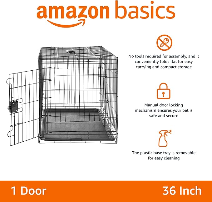 Amazon Basics Durable, Foldable, Collapsible, Portable Metal Wire Dog Crate with Tray, Single Door with Divider Panel, Easy to Assemble & Clean, 36 x 23 x 25 in, Black
