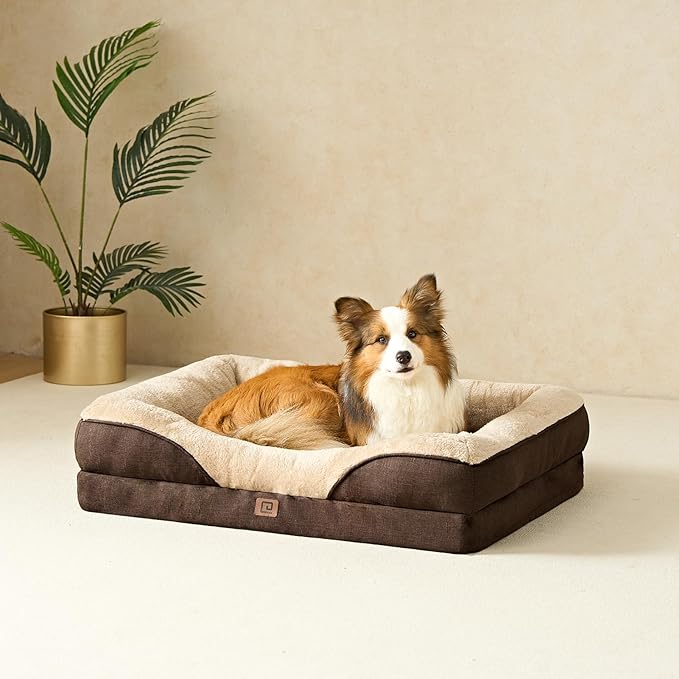 EHEYCIGA Memory Foam Dog Bed for Medium Size, Orthopedic Dog Sofa with Sides and Waterproof Liner, Washable Bolster Pet Bed Couch with Removable Cover, 30x20x6.5 Inch, Brown