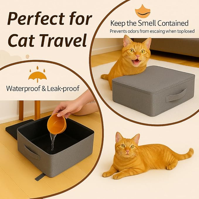 Portable Travel Litter Box for Cats, Small Foldable Travel Cat Litter Box with Zipped Lid, No Smell, Waterproof, Leak-Proof, for Car Hotel and Outdoor, Grey