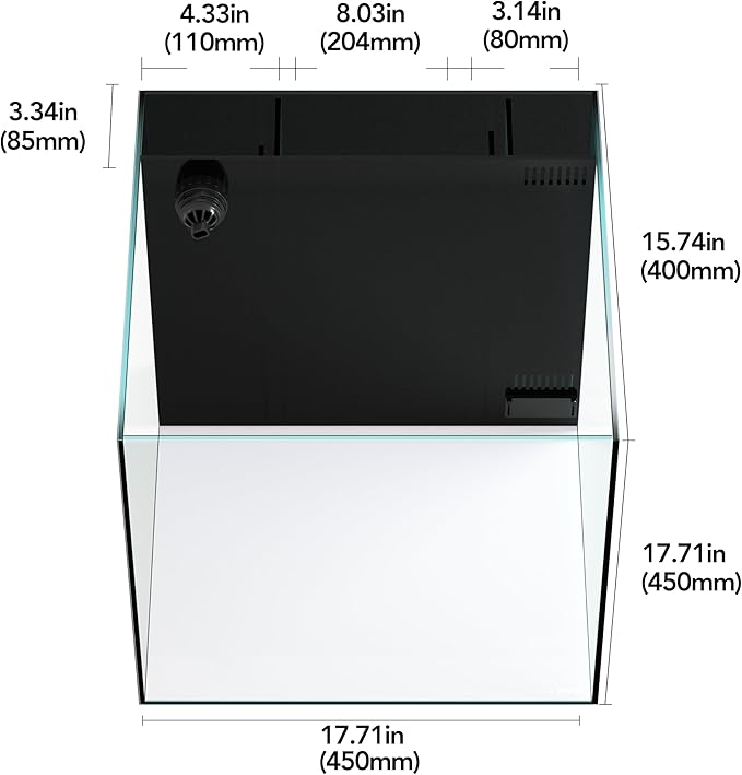 Landen 45P 20 Gallon Ultra Clear All Glass Rimless Low Iron Aquarium Tank with Rear Filtration Chamber(Return Pump Included)for Salt and Fresh Water.17.7''Wx17.7''Dx15.8''H in(45x45x40cm)6mm Thickness