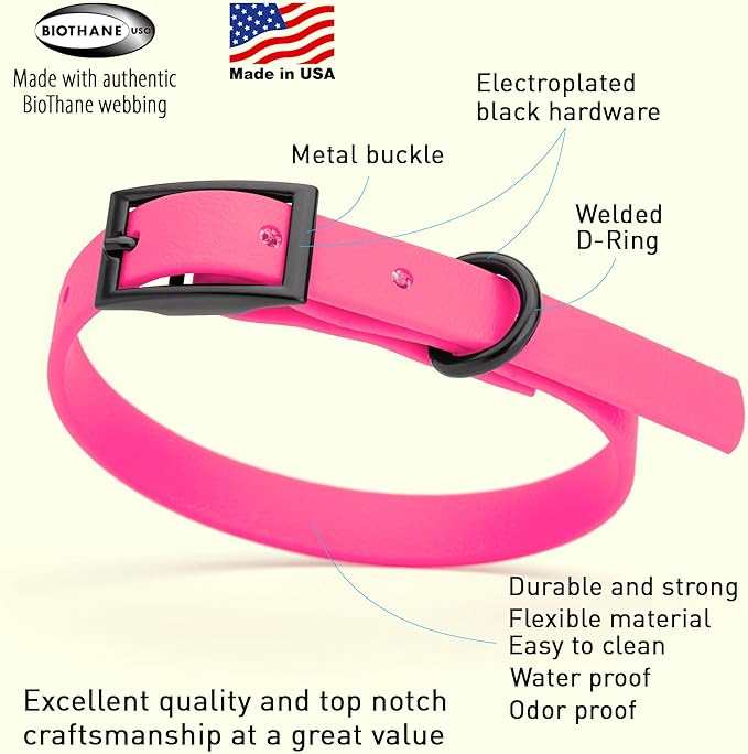 Dogline Biothane Waterproof Dog Collar Strong Coated Nylon Webbing with Black Hardware Odor- Proof for Easy Care Easy to Clean High Performance Fits Small Medium or Large Dogs, Passionfruit Pink
