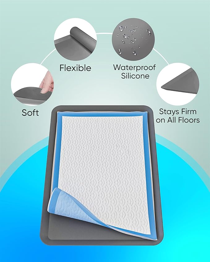 TidyFriend Puppy Pad Holder Tray Fits for 11.5” x 17” Wee Wee Pee Pads - Stable Grip, Raised Edges, Quick-Wipe Silicone Surface Dog Potty Tray Holder for Indoor Flooring Protection (Grey)