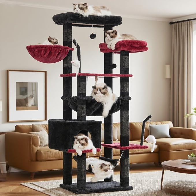 Gothic Cat Tree, Cat Tower for Large Cats with 2 Big Platforms, 2 Baskets, condo and Toys, 63" Cat Scratching Posts for Indoor Cats, Black and red GCT020BR