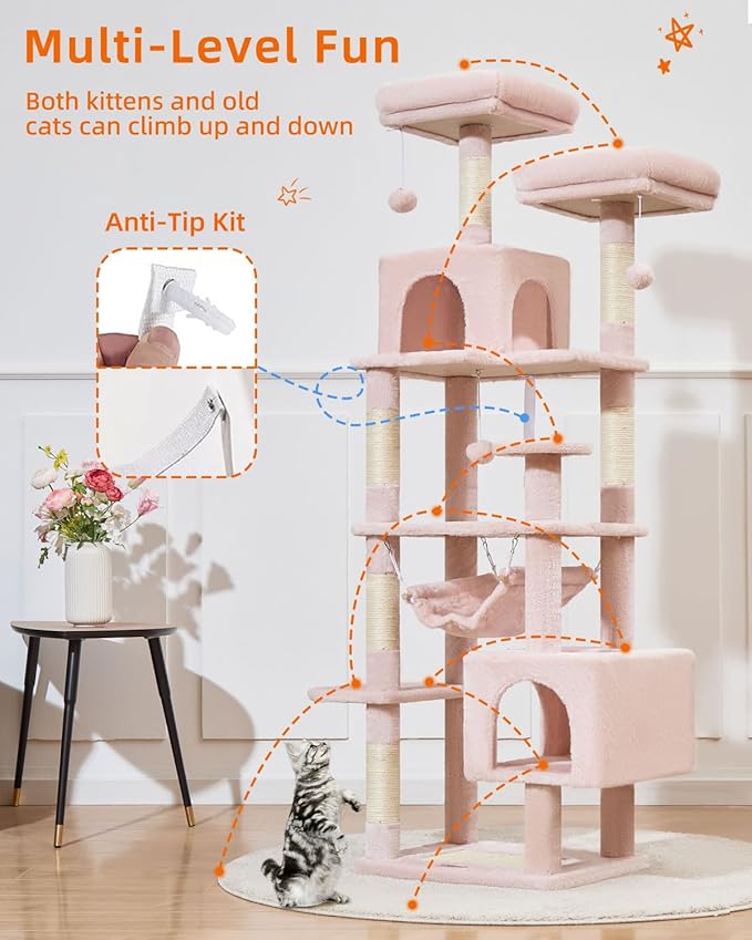 Taoqimiao Cat Tree, 68-Inch Cat Tree Cat Tower for Indoor Cats, Plush Multi-Level Cat Condo with 6 Scratching Posts, 2 Perches, 2 Caves,Hammock, 3 Pompoms,MS020SP Jelly Pink