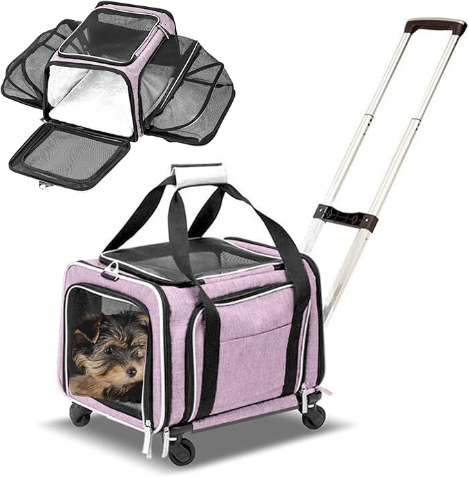 Airline Approved Expandable Premium Pet Carrier on Wheels- Two Sided Rolling Carrier- Designed for Dogs & Cats- Extra Spacious Soft Lined Carrier! - Pink (RL-PET-CARRIER-WHEELS)