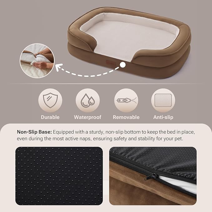 Soft Touch Orthopedic Dog Bed for Large Dogs with Faux Fur Top, Waterproof Pet Couch Bed with Removable Washable Cover and Supportive Foam Filling (Brown, Large)