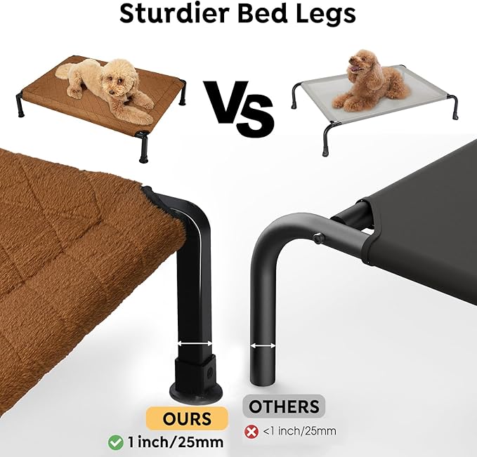 Veehoo Soft Plush Elevated Dog Bed, Raised Dog Beds with Heavy Duty Frame, Non-Slip Silicon Feet, Washable & Breathable Pet Cot for Indoor or Outdoor Use, 35" x 22", Brown, CWC2432A