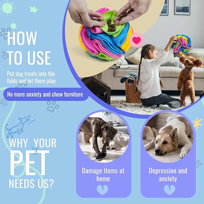 Pet Snuffle Ball, Puzzle Sniffing Interactive Dog Ball for Blind Dogs Training Stress Relief Dog Enrichment Toys Treat Machine Washable (New Rainbow Color, 10cm)