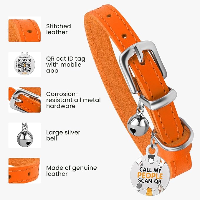 BRONZEDOG Leather Cat Collar with Removable Bells Non Breakaway Kitten QR Tag for Girl Boy (7" - 9" for Cats, Orange & Silver)