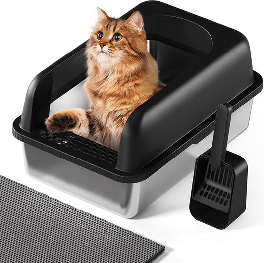 Stainless Steel Cat Litter Box with Lid, 24" L x 16" W x 11.8" H, Large Cat Litter Box for Multiple Cats with High Sided, No-Leak & Stick, Easy to Clean, Includes Litter Mat & Multi Functional Scoop