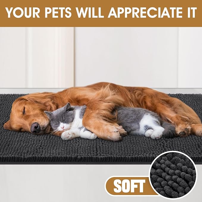 IM HOME 2 Pieces Muddy Door Mats for Dogs, Chenille Absorbent Pet Mats, Quick Dry, Trap Dirt Non Slip Heavy Indoor Doormat Soft Dog Bed Mat Front Inside Door Mat for Indoor Outdoor Entrance,Dark Grey