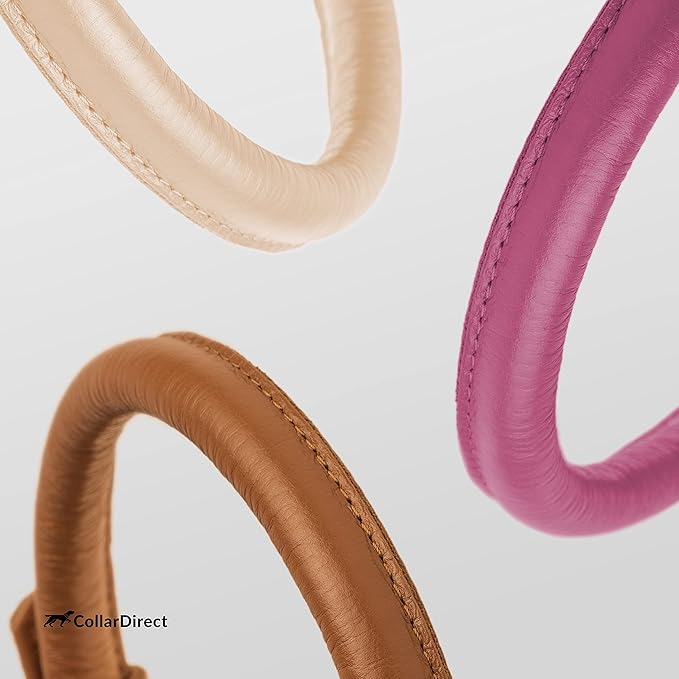 CollarDirect Rolled Leather Dog Collar, Soft Padded Round Puppy Collar, Handmade Genuine Leather Collar Dog Small Large Cat Collars 13 Colors (8-11 Inch, Pink Textured)