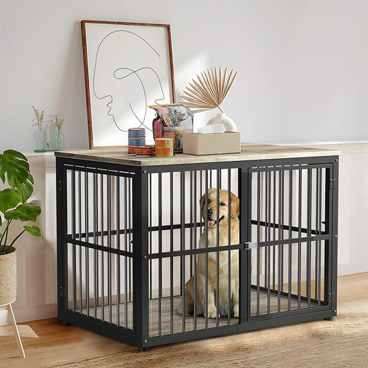 43'' Dog Crate Furniture with 3 Doors, XL Wooden Crate End Table, Heavy Duty Indoor Puppy Cage Kennel for Medium to Large Dogs, Multiple Units Can be Combined