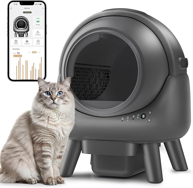 Self Cleaning Litter Box,Automatic Cat Litter Box for Multiple Cats,Robot with APP Control,Smart Dual Safety Protection,Odor-Free Waste Disposal Includes Trash Bags,Grey S20