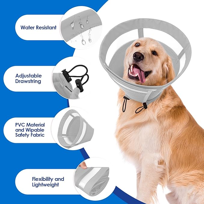 SAWMONG Soft Dog Cone for Medium Dogs, Adjustable Pet Recovery Collar to Stop Licking, Comfy Elizabeth E-Collar for Dogs After Surgery Alternative (M,Grey)