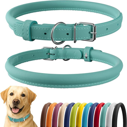 CollarDirect Rolled Leather Dog Collar, Soft Padded Round Puppy Collar, Handmade Genuine Leather Collar Dog Small Large Cat Collars 13 Colors (18-22 Inch, Mint Green Smooth)