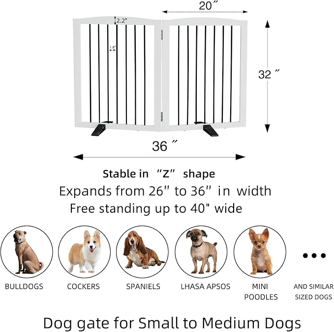 Freestanding Panel Dog Gate for Indoor, Doorways,Stairs, or Hallways,Foldable Wooden Dog Gates for House,Pet Gate for Dogs,Dog Fence, Puppy Gate,Support Feet Included,32 "Height-2 Panels,White