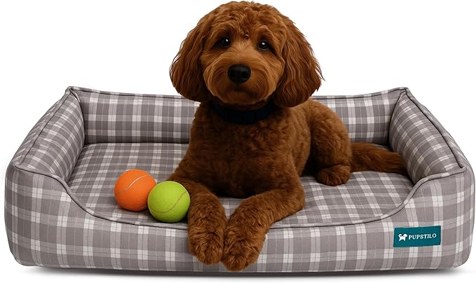 Orthopedic Bolster Dog Bed – CertiPUR-US Foam, Recycled Polyester Canvas, Washable Cover, Anti-Slip Bottom, Small, Grey Plaid – Stylish Designer Dog Sofa