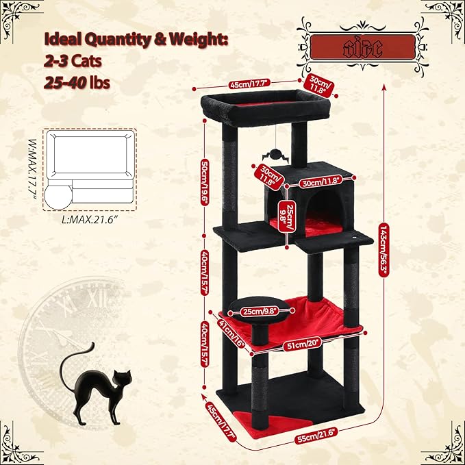 PETEPELA 56.3" Gothic Cat Tree for Indoor Cats, Tall Cat Tower with Super Large Hammock (20"X16"), Sisal Covered Scratching Posts, Cozy Condo and Top Perch Black