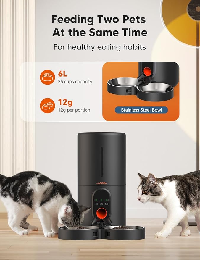 WOPET Automatic Cat Feeder, 5G WiFi Pet Feeder for Two Cats or Dogs with Remote Control, 6L Cat Food Dispenser with Low Food Sensor, 1-10 Meals Per Day, Up to 10s Meal Call for Pets