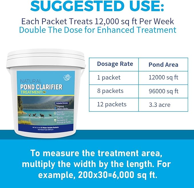 Pond Clarifier Treatment – 12 Packets Natural Pond Water Clear for Outdoor Lakes – Beneficial Enzymes to Improve Water Clarity & Eliminate Odor – Treats Up to 144000 Sq Ft