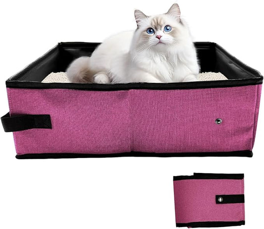 Portable Litter Box for Cats, Foldable & Waterproof Cat Travel Litter Box, 15.75 * 11.82 * 3.94 Inches, Traveling & Camping Cat Supplies - Pink