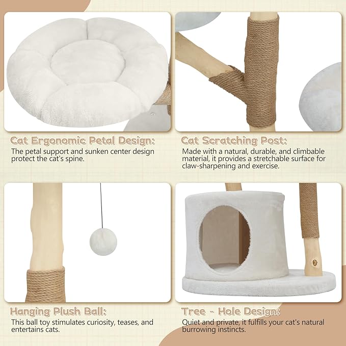 Modern Cat Tree Tower, Solid Wood Multi-Level w/ 2 Flower Perches, Scratching Post, Hanging Ball - Luxury Boho Cat Furniture w/Condo & Wicker Basket for Indoor Cats