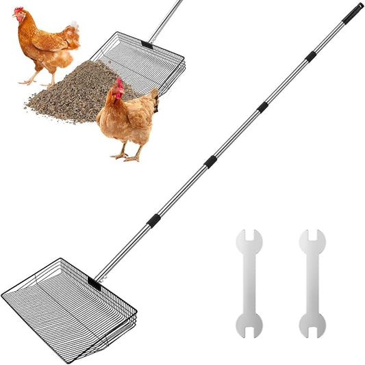 SlowTon 15-inch Large Chicken Poop Scooper - 5 in 1 Multifunctional Chicken Litter Scoop with 40 to 77in Stainless Steel Handle, Heavy Duty Chicken Coop Cleaning Tool Litter Sifting Shovel